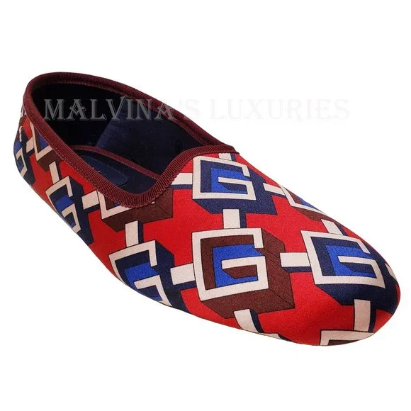 GUCCI SHOES GEOMETRIC G LOGO RED BLUE WHITE SATIN SLIPPER sz 39 9 US